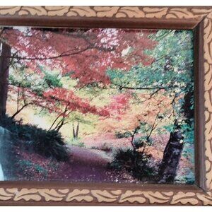 Autumn Pathway Photo Art Print Vintage Wooden Picture Frame Fall Foliage Leaf Co